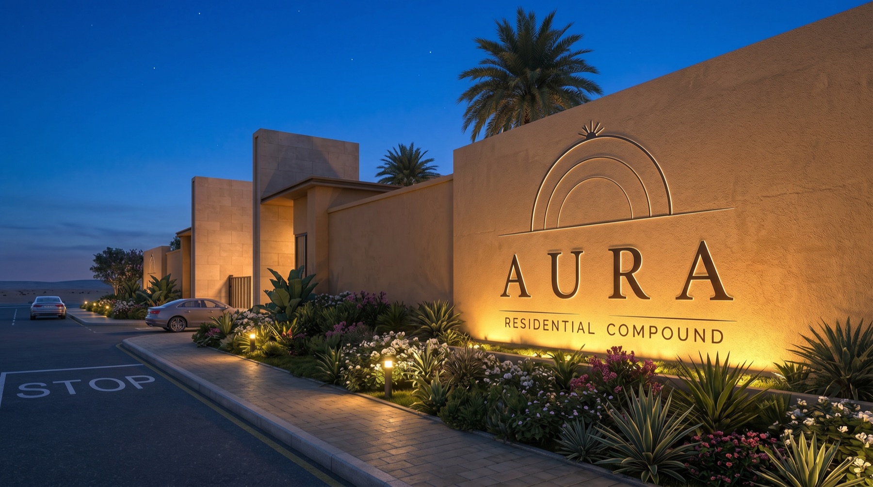 AURA entrance visual at dusk with illuminated project signage