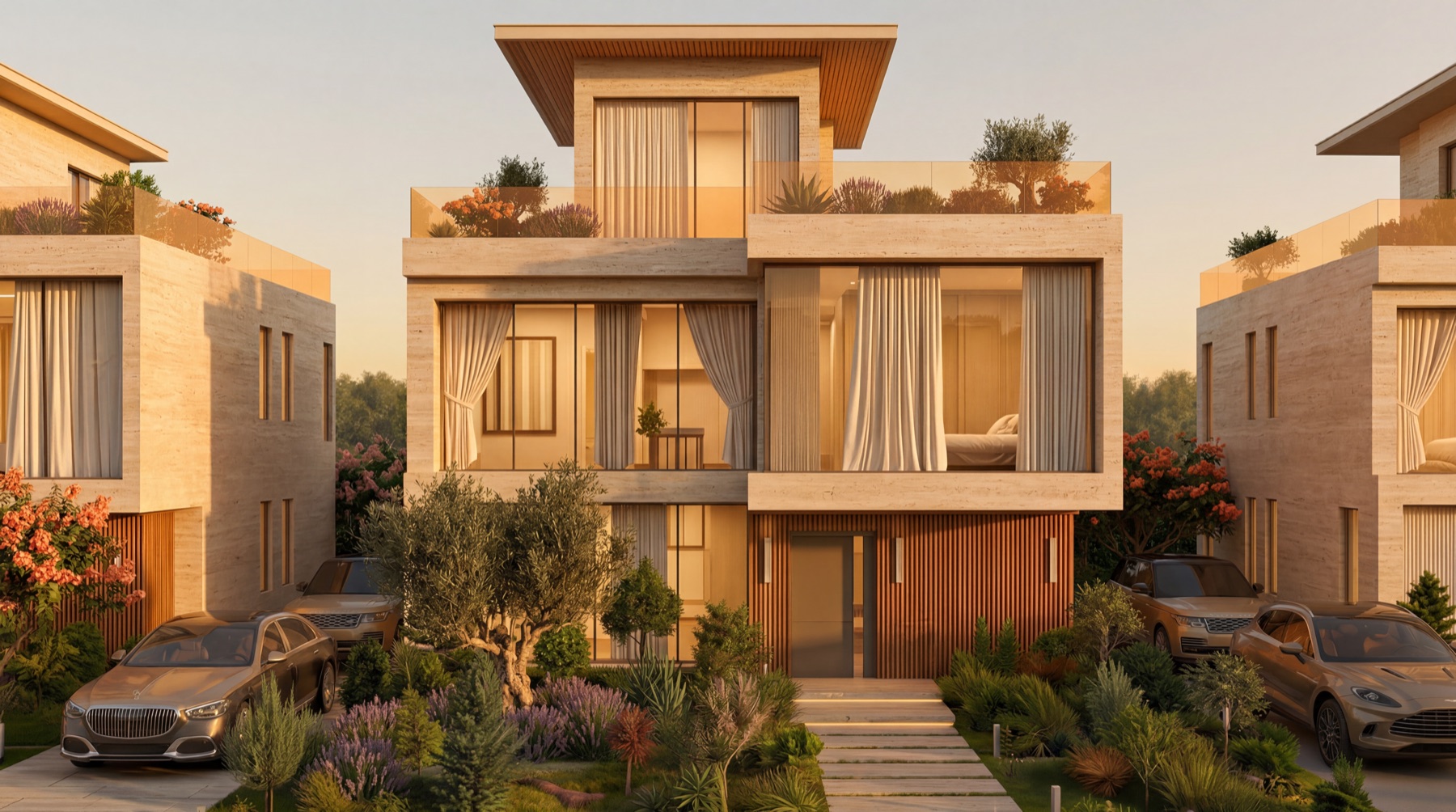 AURA villa exterior visual in warm evening light